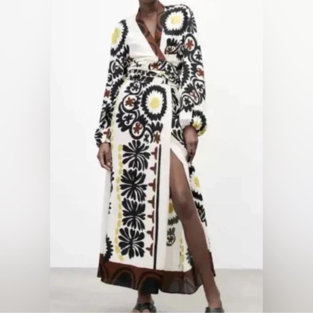 Zara Studio Printed Wrap Midi Dress • Belted • Long Sleeve • Size S